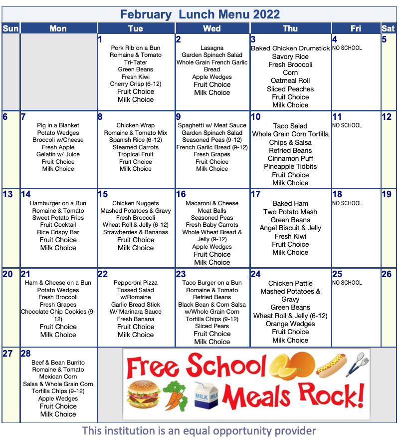 February Lunch Menu